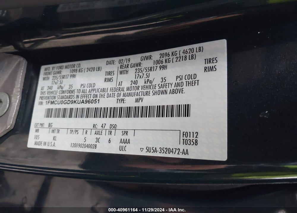 2019 FORD ESCAPE SE VIN: 1FMCU0GD9KUA96051