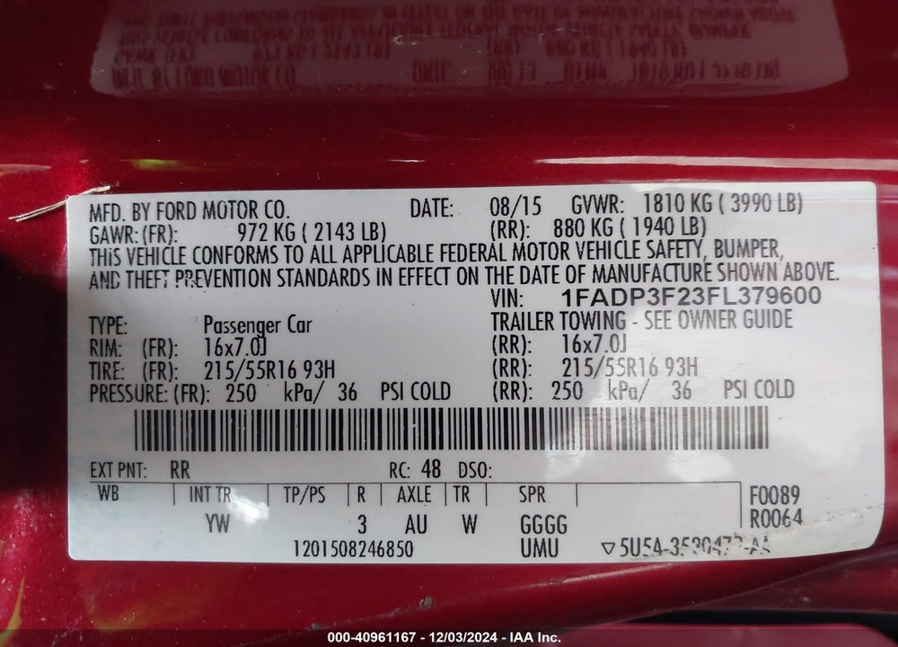 2015 FORD FOCUS SE VIN: 1FADP3F23FL379600