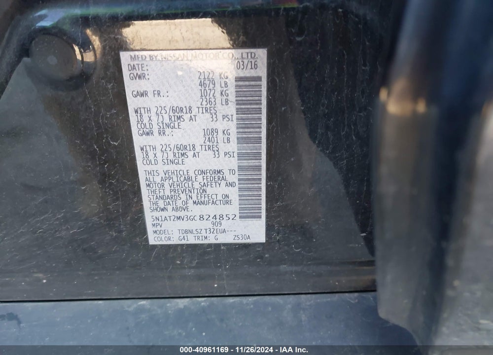 2016 NISSAN ROGUE SL VIN: 5N1AT2MV3GC824852