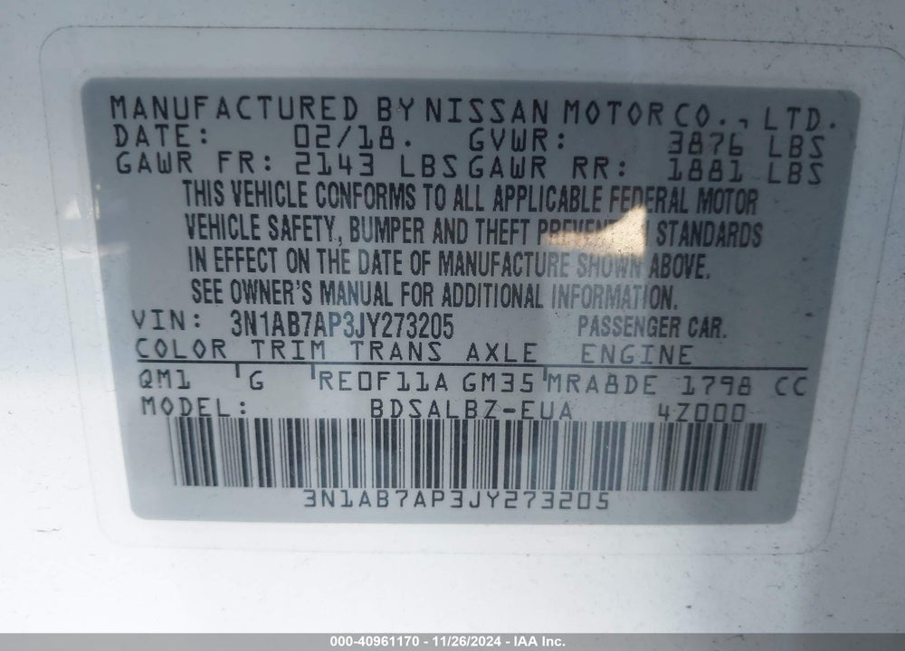 2018 NISSAN SENTRA S VIN: 3N1AB7AP3JY273205