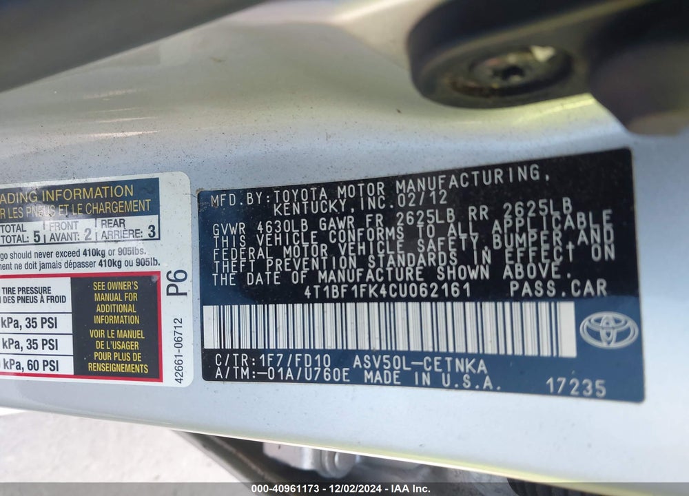 2012 TOYOTA CAMRY LE VIN: 4T1BF1FK4CU062161