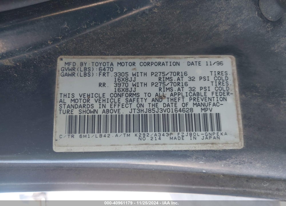 1997 TOYOTA LAND CRUISER VIN: JT3HJ85J3V0164628