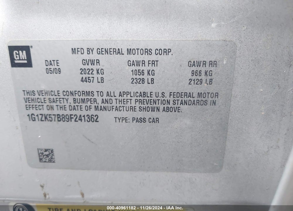 2009 CHEVROLET MALIBU LTZ VIN: 1G1ZK57B89F241362