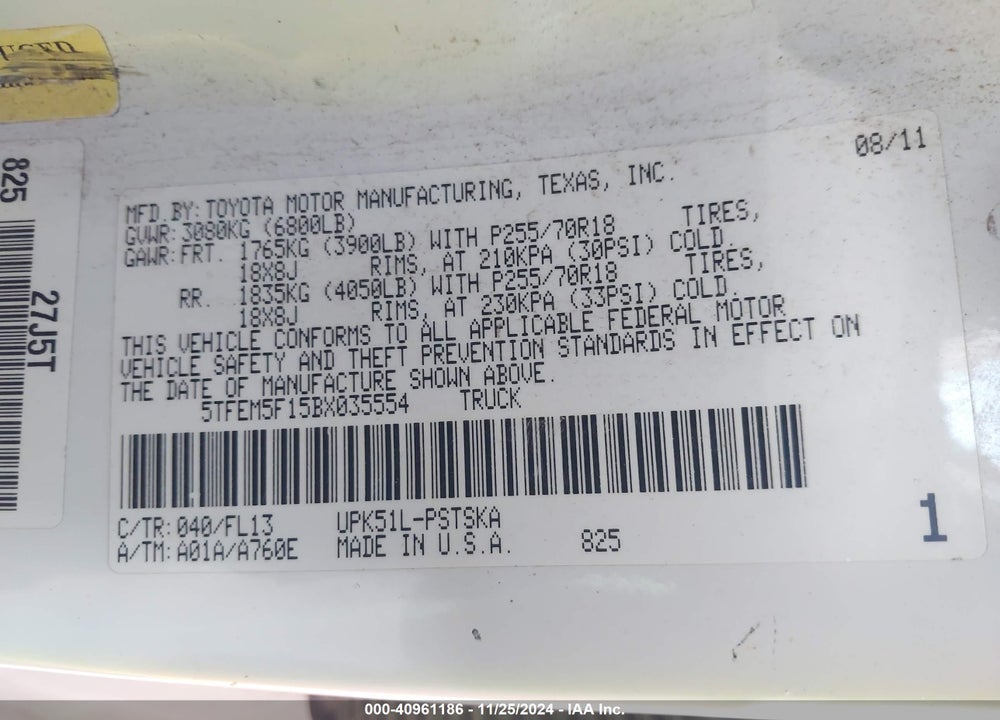 2011 TOYOTA TUNDRA GRADE 4.6L V8 VIN: 5TFEM5F15BX035554