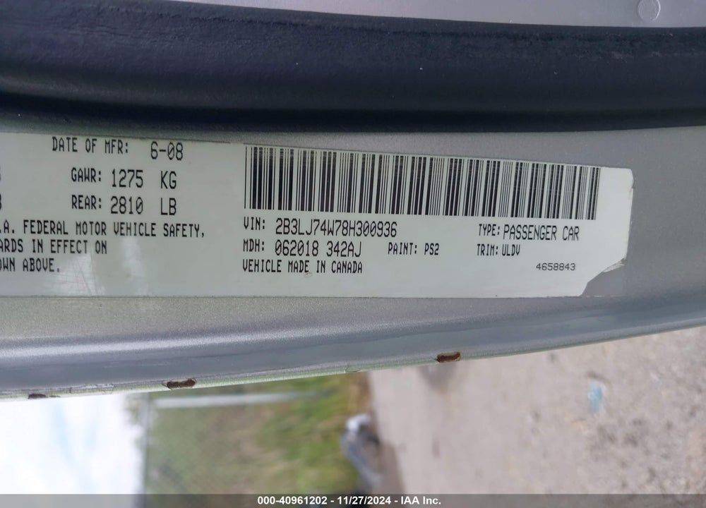 2008 DODGE CHALLENGER VIN: 2B3LJ74W78H300936