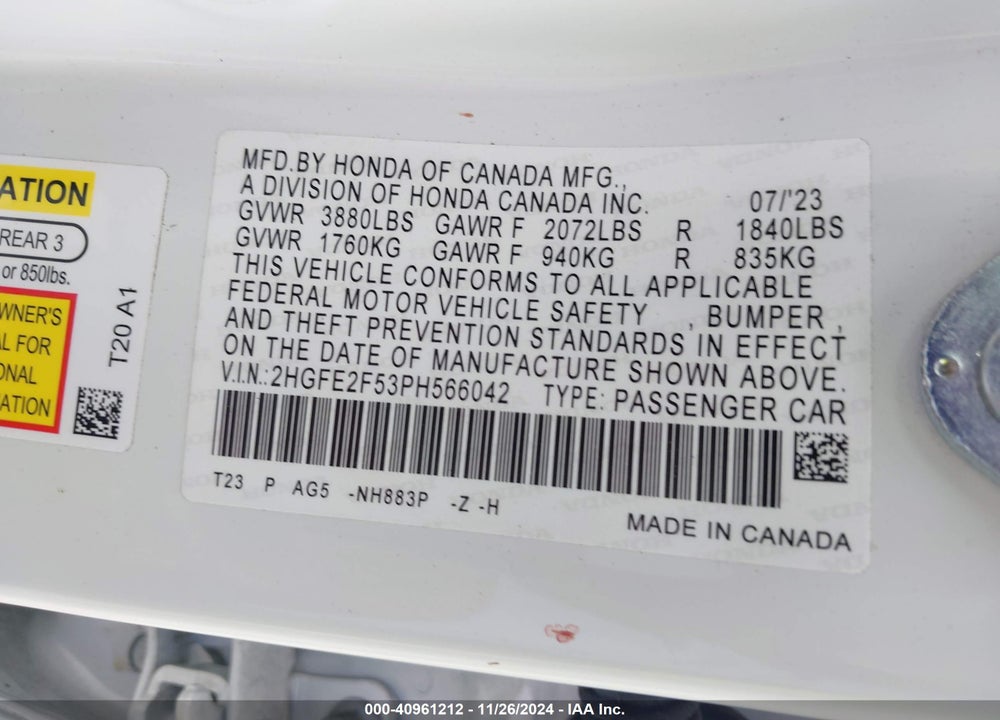 2023 HONDA CIVIC VIN: 2HGFE2F53PH566042