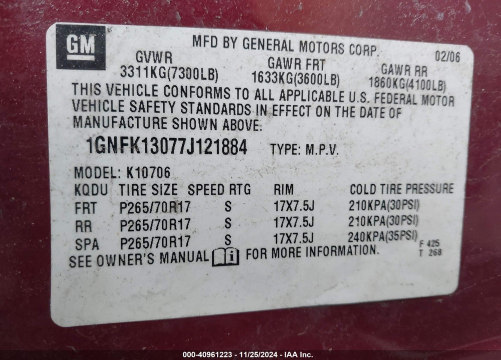 2007 CHEVROLET TAHOE LT VIN: 1GNFK13077J121884