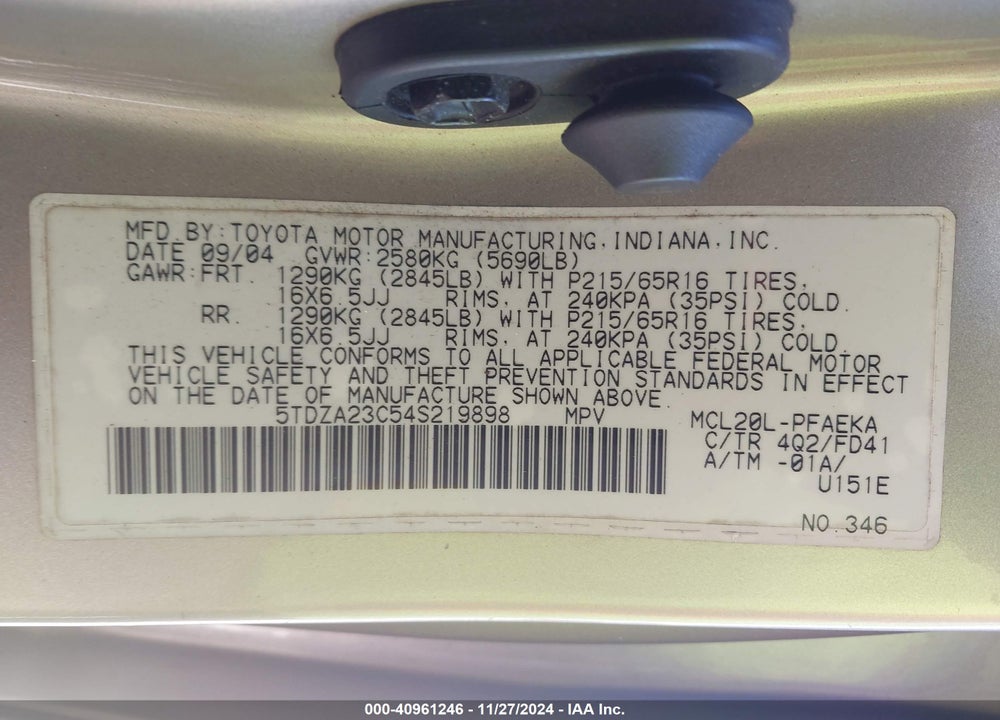 2004 TOYOTA SIENNA CE VIN: 5TDZA23C54S219898