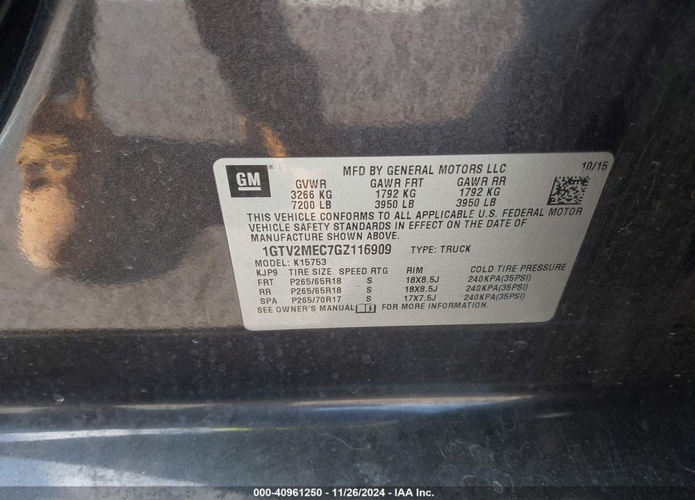 2016 GMC SIERRA 1500 VIN: 1GTV2MEC7GZ116909