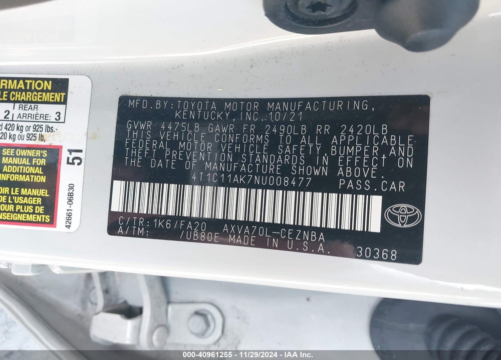 2022 TOYOTA CAMRY VIN: 4T1C11AK7NU008477