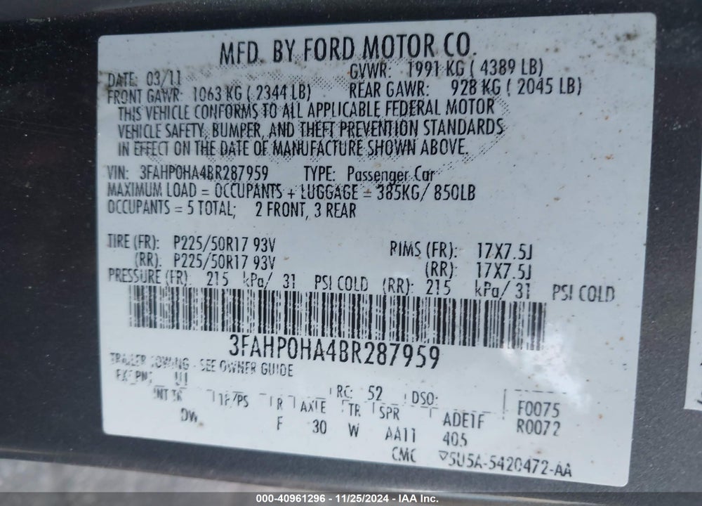 2011 FORD FUSION SE VIN: 3FAHP0HA4BR287959