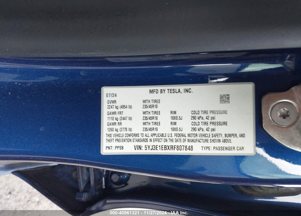 2024 TESLA MODEL 3 LONG RANGE DUAL MOTOR ALL-WHEEL DRIVE VIN: 5YJ3E1EBXRF807848