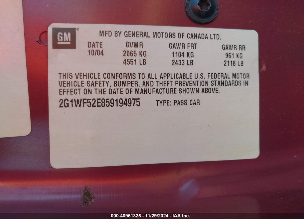 2005 CHEVROLET IMPALA VIN: 2G1WF52E859194975