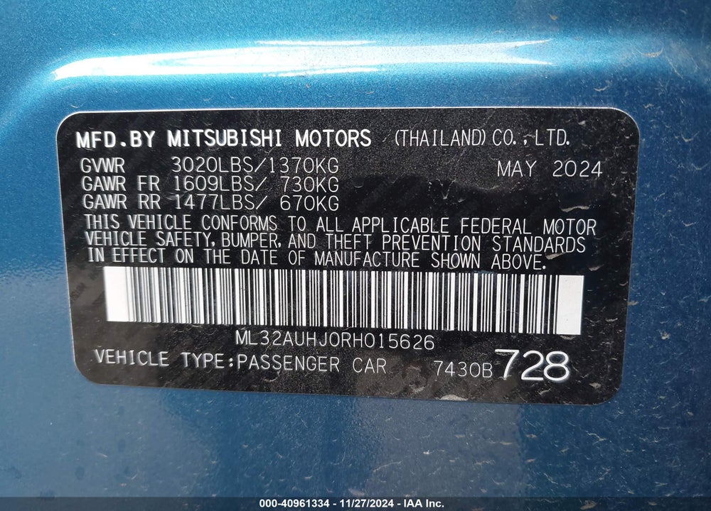 2024 MITSUBISHI MIRAGE ES/LE VIN: ML32AUHJ0RH015626