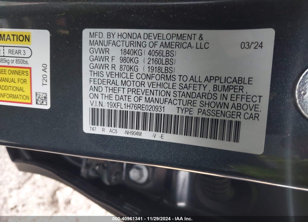 2024 HONDA CIVIC EX-L VIN: 19XFL1H76RE020931