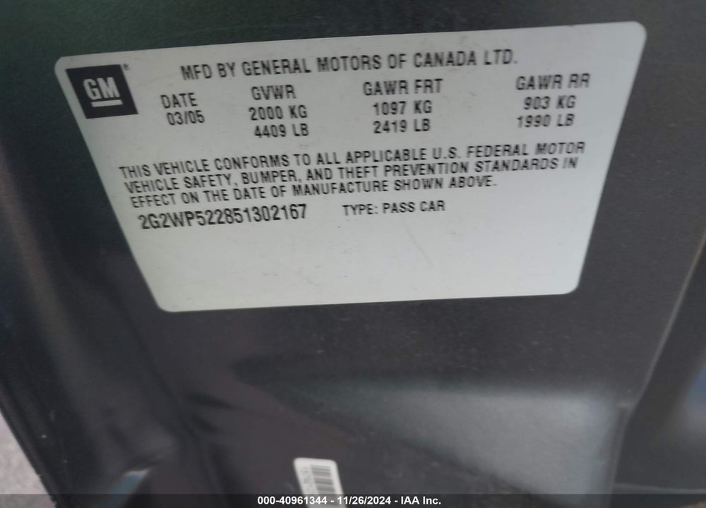 2005 PONTIAC GRAND PRIX VIN: 2G2WP522851302167