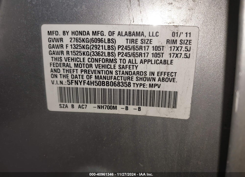 2011 HONDA PILOT EX-L VIN: 5FNYF4H50BB068358