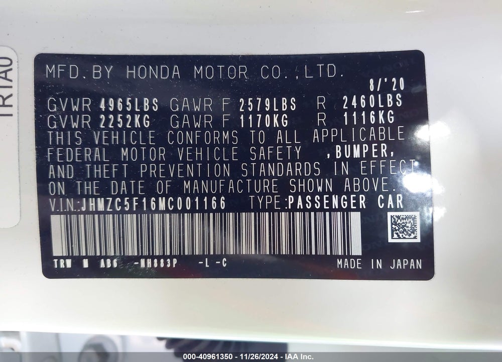 2021 HONDA CLARITY PLUG-IN HYBRID VIN: JHMZC5F16MC001166