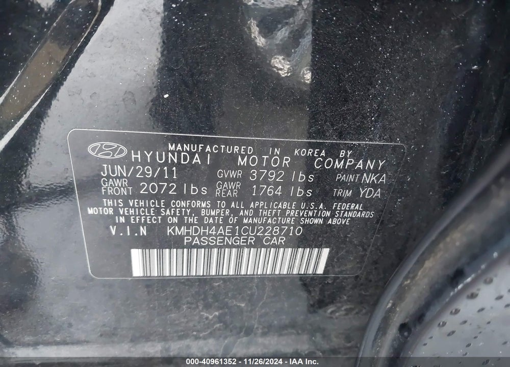 2012 HYUNDAI ELANTRA LIMITED (ULSAN PLANT) VIN: KMHDH4AE1CU228710