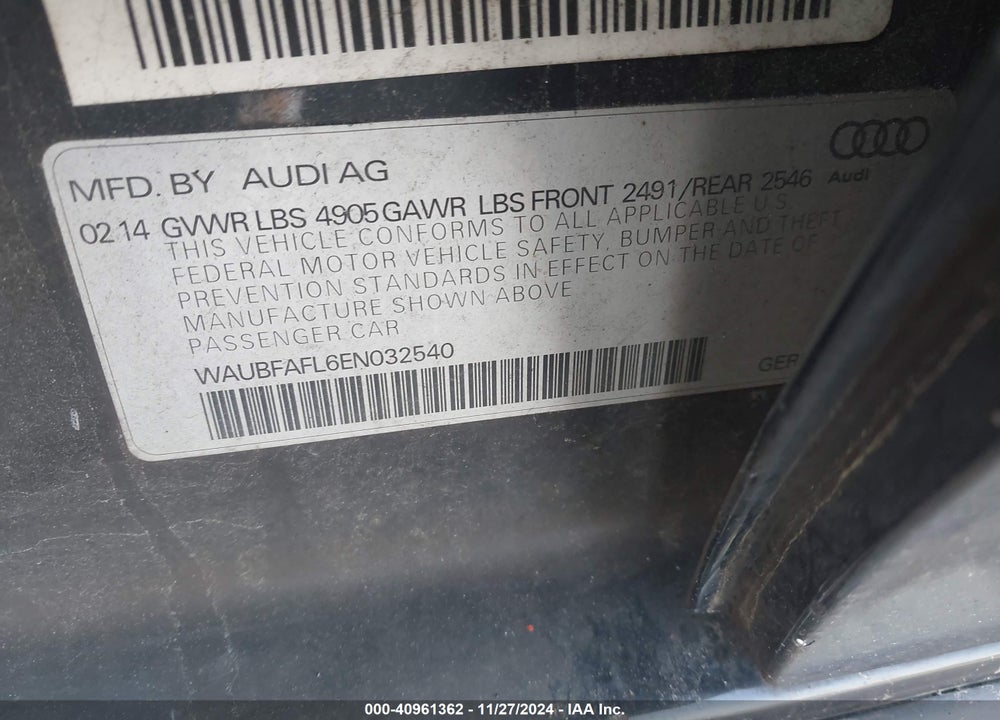 2014 AUDI A4 2.0T PREMIUM VIN: WAUBFAFL6EN032540