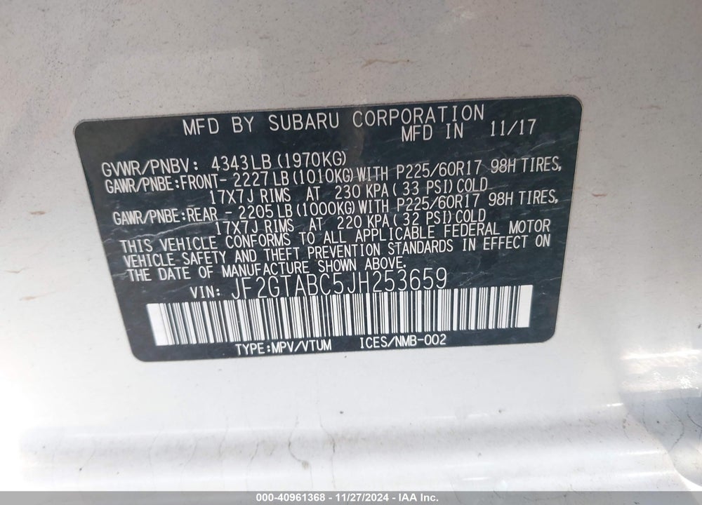 2018 SUBARU CROSSTREK 2.0I PREMIUM VIN: JF2GTABC5JH253659