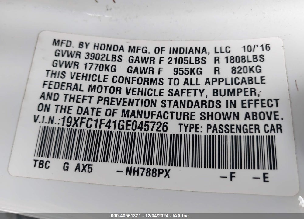 2016 HONDA CIVIC EX-T VIN: 19XFC1F41GE045726