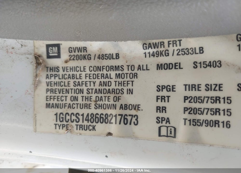 2006 CHEVROLET COLORADO WORK TRUCK VIN: 1GCCS148668217673