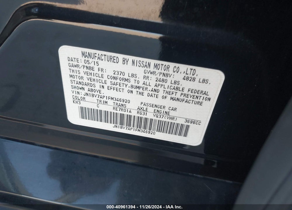 2015 INFINITI Q50 PREMIUM VIN: JN1BV7AP1FM346920