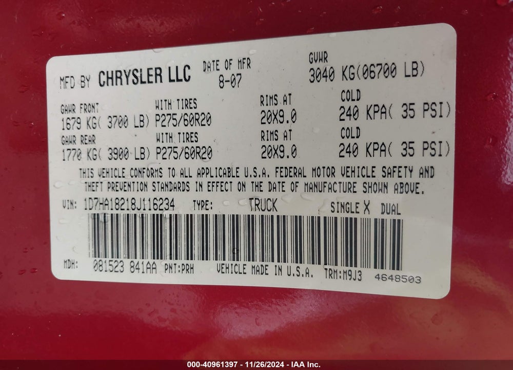 2008 DODGE RAM 1500 SLT VIN: 1D7HA18218J116234