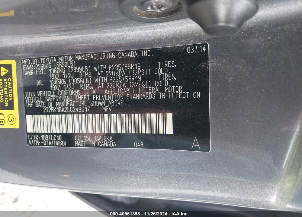 2014 LEXUS RX 350 VIN: 2T2BK1BA2EC249617