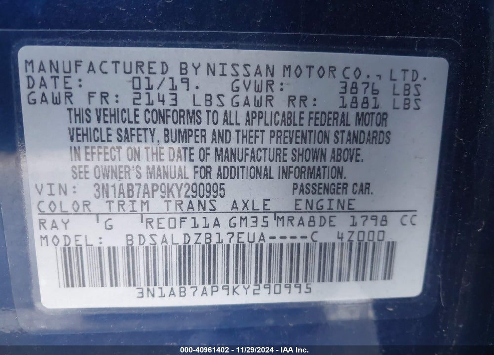 2019 NISSAN SENTRA VIN: 3N1AB7AP9KY290995