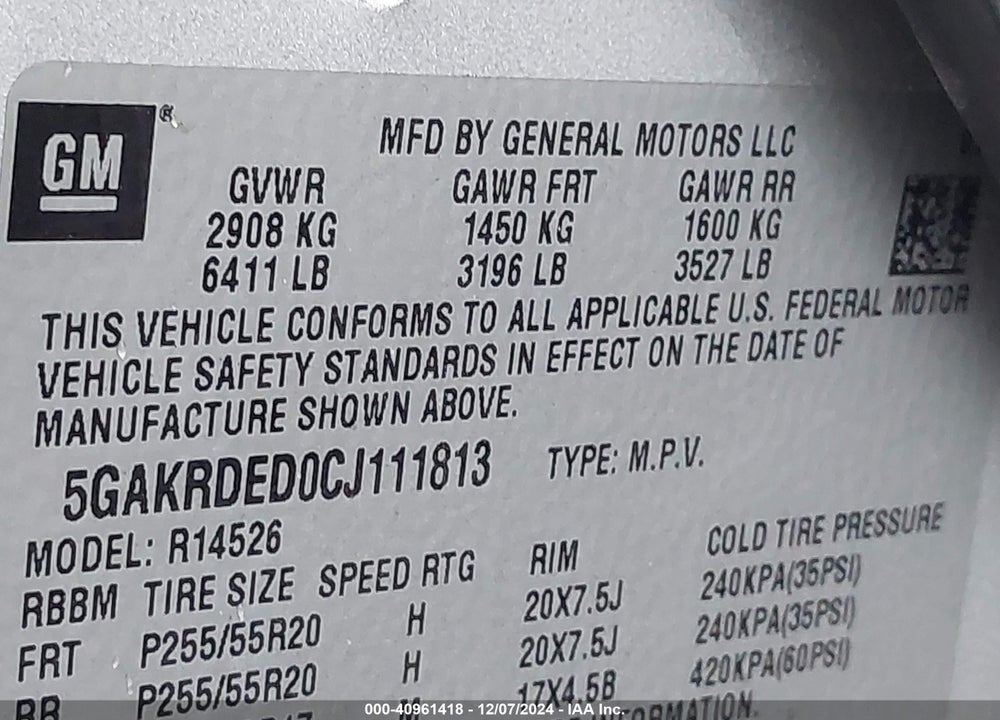 2012 BUICK ENCLAVE PREMIUM VIN: 5GAKRDED0CJ111813