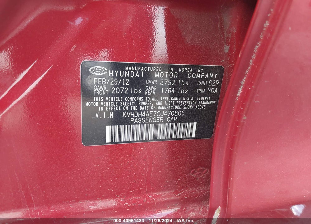 2012 HYUNDAI ELANTRA GLS (ULSAN PLANT) VIN: KMHDH4AE7CU470806
