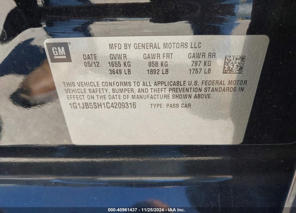 2012 CHEVROLET SONIC 1LS VIN: 1G1JB5SH1C4209316