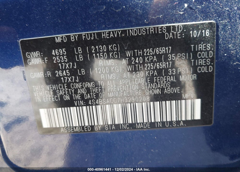 2017 SUBARU OUTBACK 2.5I PREMIUM VIN: 4S4BSACC7H3290208