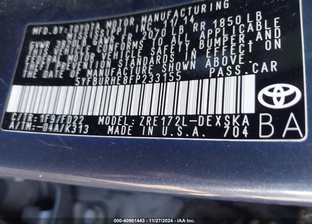 2015 TOYOTA COROLLA S PLUS VIN: 5YFBURHE8FP233155