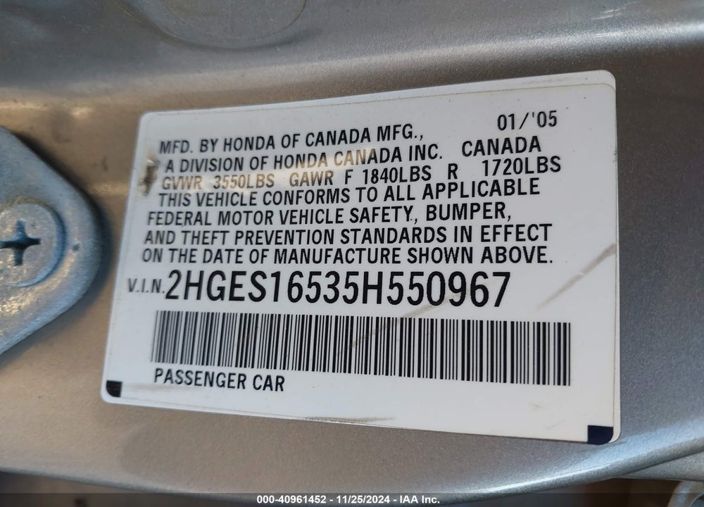 2005 HONDA CIVIC LX VIN: 2HGES16535H550967