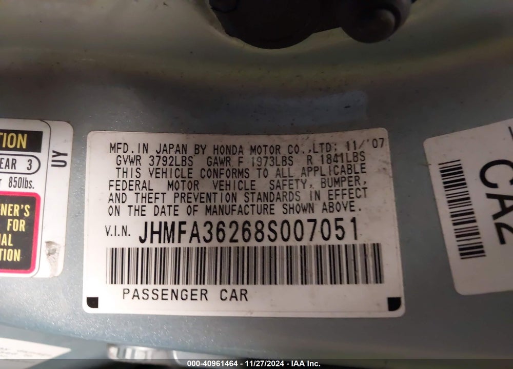 2008 HONDA CIVIC HYBRID VIN: JHMFA36268S007051