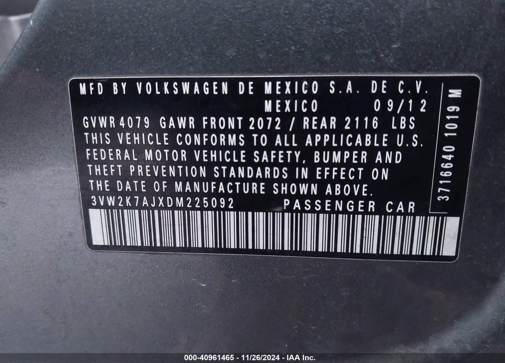 2013 VOLKSWAGEN JETTA 2.0L S VIN: 3VW2K7AJXDM225092