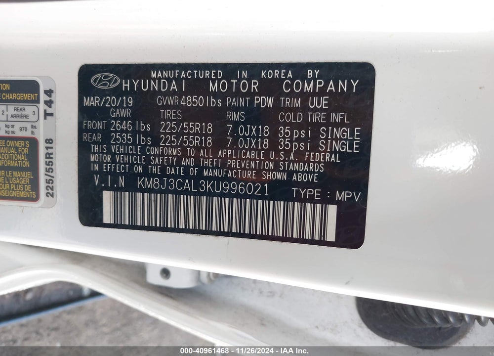 2019 HYUNDAI TUCSON SEL VIN: KM8J3CAL3KU996021