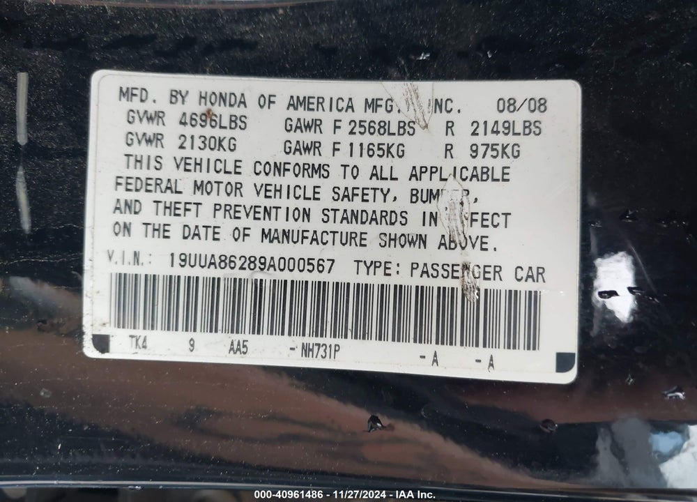 2009 ACURA TL VIN: 19UUA86289A000567