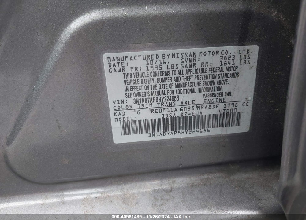 2017 NISSAN SENTRA SV VIN: 3N1AB7AP8HY224656
