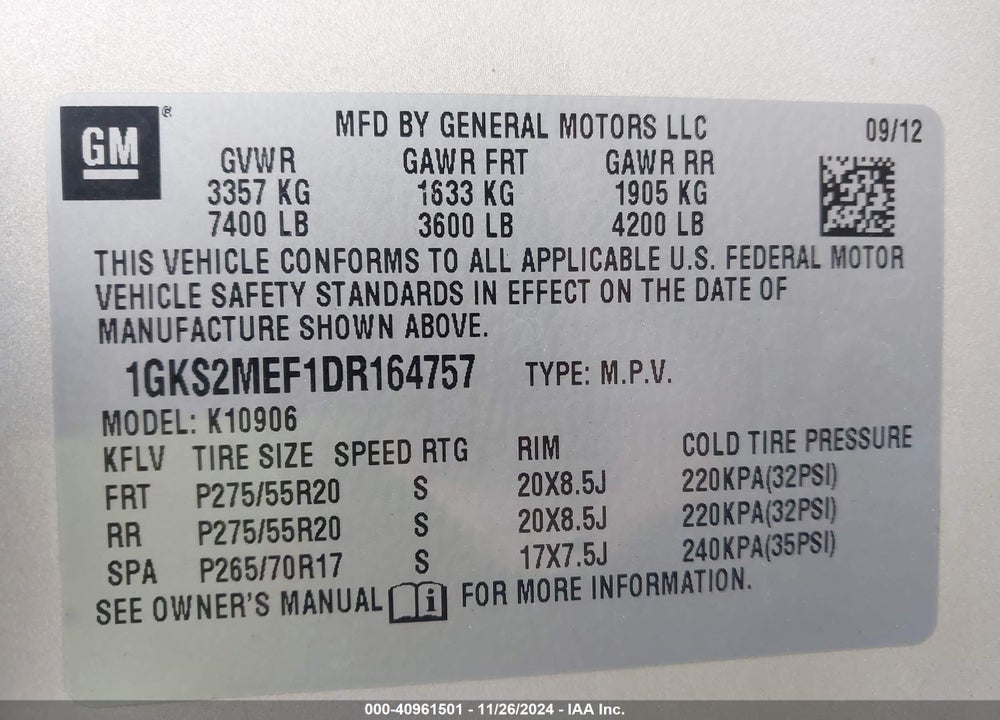 2013 GMC YUKON XL 1500 DENALI VIN: 1GKS2MEF1DR164757