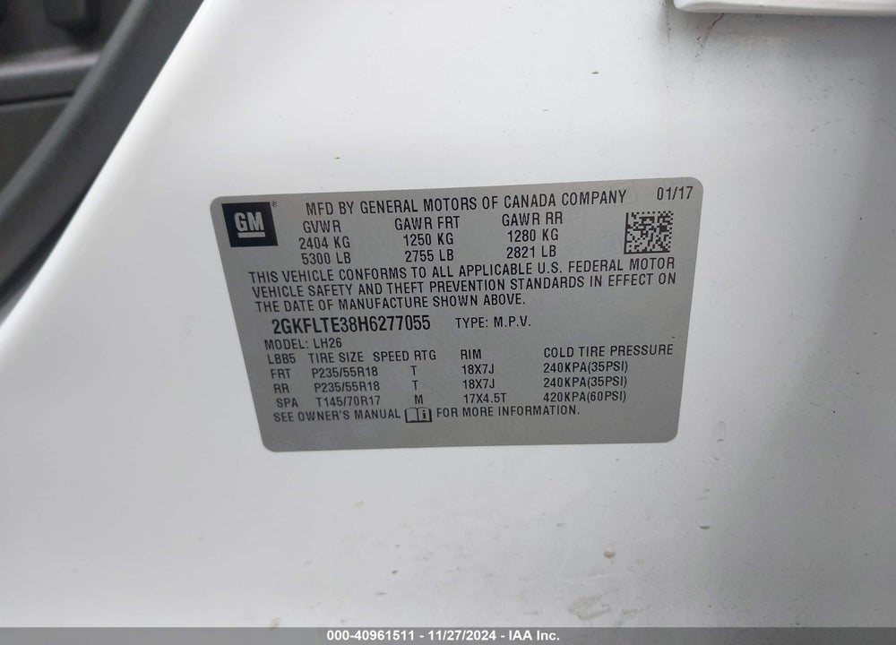 2017 GMC TERRAIN SLE-2 VIN: 2GKFLTE38H6277055