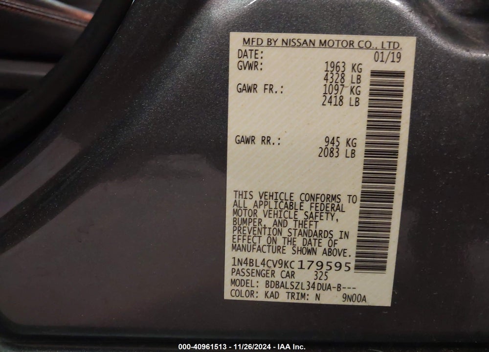 2019 NISSAN ALTIMA 2.5 SR VIN: 1N4BL4CV9KC179595