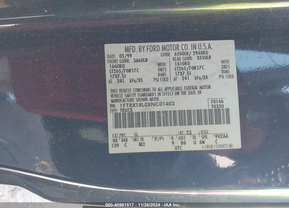 1999 FORD F-150 LARIAT/XL/XLT VIN: 1FTRX18L0XNC01403