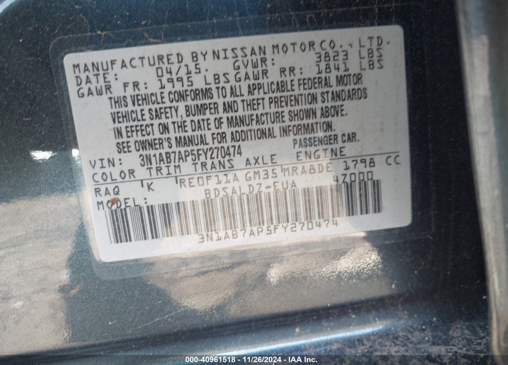 2015 NISSAN SENTRA SV VIN: 3N1AB7AP5FY270474