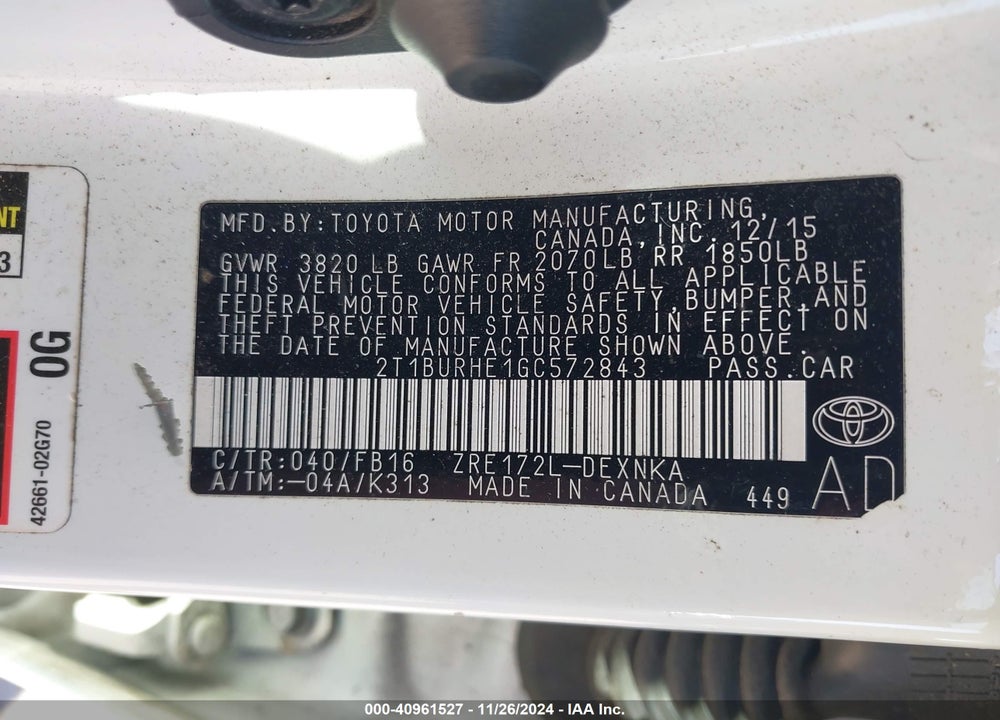 2016 TOYOTA COROLLA LE VIN: 2T1BURHE1GC572843