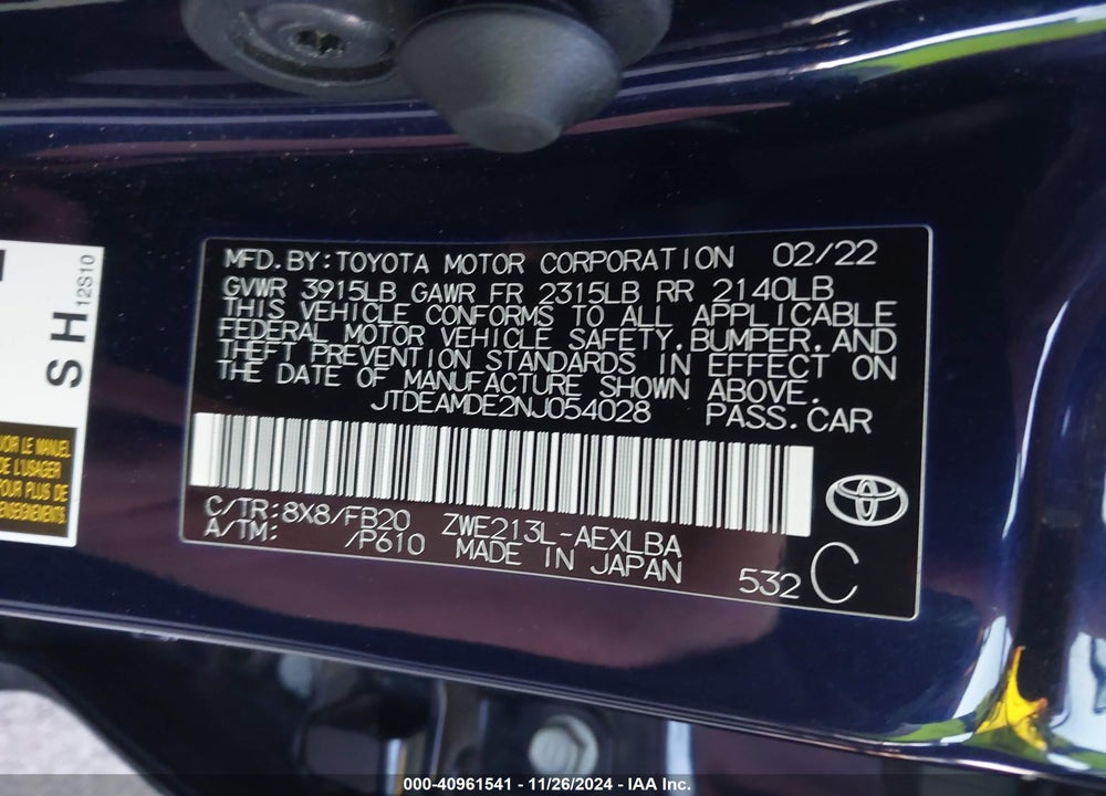 2022 TOYOTA COROLLA VIN: JTDEAMDE2NJ054028