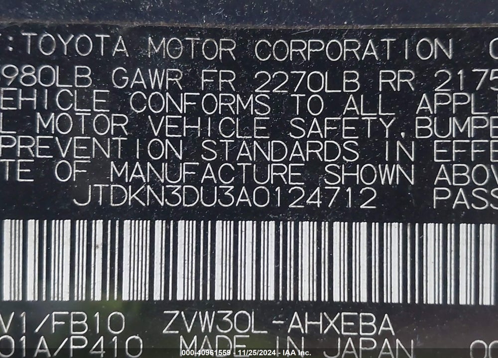 2010 TOYOTA PRIUS III VIN: JTDKN3DU3A0124712